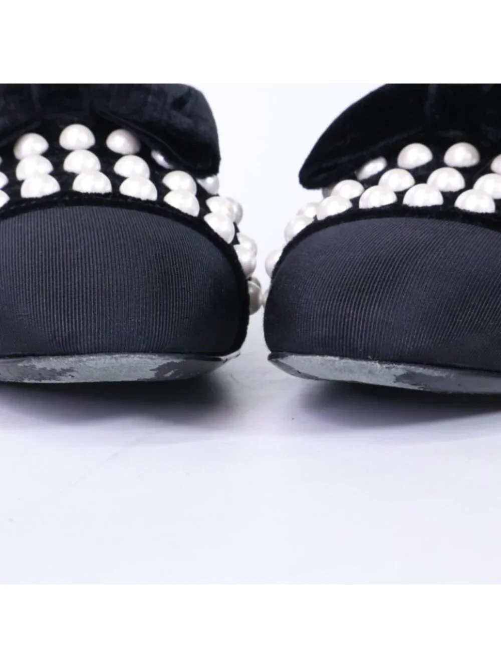 Chanel CC Logo Faux Pearl Ribbon Velvet Opera Shoes 39.5C